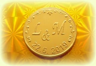 Čokoládová mince svatební iniciály a datum 999-001-010