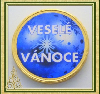 Čokoládová mince s potiskem sváteční motiv VÁNOCE modrá ozdoba 999-103-007